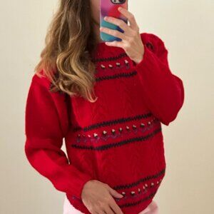 Vintage Dorothy Bullit Mini Flowers Red Hand Knit Wool Granny Sweater Sz Small